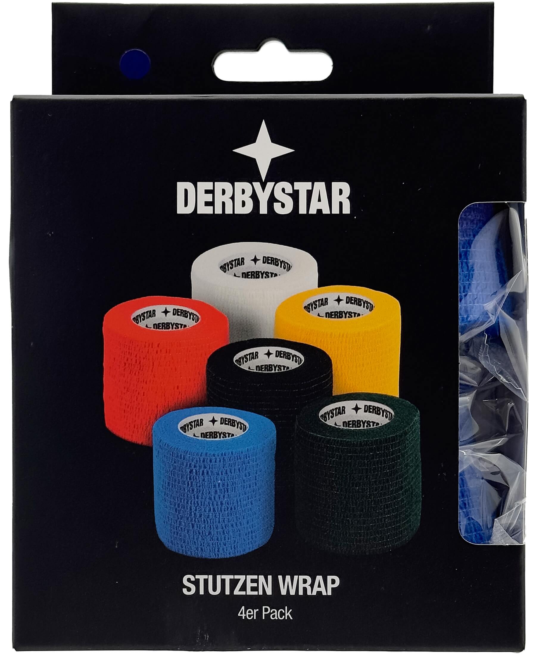 DERBYSTAR 4er-Pack Stutzen Wrap V23 Blau - Hochwertige Stutzentapes im 4er-Pack in stilvollem Blau. Perfekt für Fußballspieler aller Leistungsniveaus. Die Stutzentapes bieten hervorragenden Komfort und eine optimale Passform. Erhältlich bei SHOP4TEAMSPORT für ein komplettes Spielerlebnis.